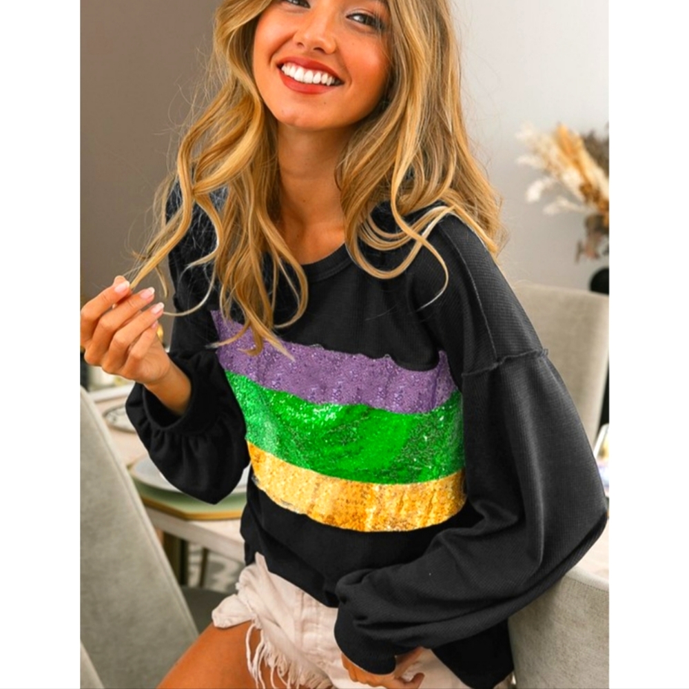 BLACK LS Bibi Mardi Gras sequined top